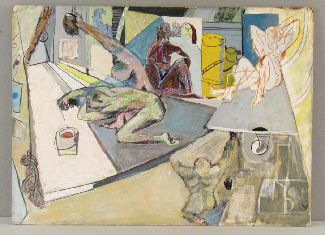 Signed Illegibly - Mixed Media Oil on Cardboard: Room with nude models in various positions. Cubist manner. Signed and dated 1940. 30" X 22"