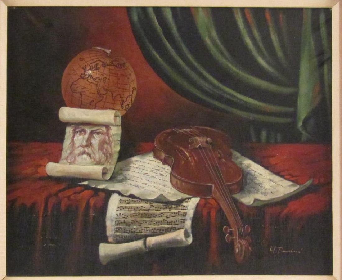 Signed Illegibly - Oil on Canvas: Still life with globe, drawing, violin, and sheet music. Signed lower right. 19.5" X 23.5" (28" X 32")