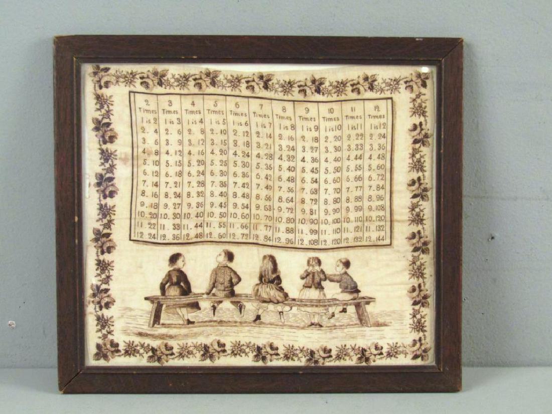 Antique American Stenciled Cloth: Multiplication tables over small children sitting on bench.19th Century. 11" X12.5" (13" X 14.5")