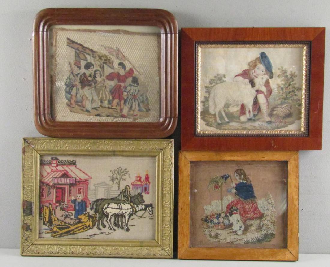 4 Antique Russian Needlepoint Fragments: Revolutionary scene, small child with dog, and little girl with red dress: 19th Century. Piece on lower left with scene of horses. 9" X 12" (12.5" X 16")