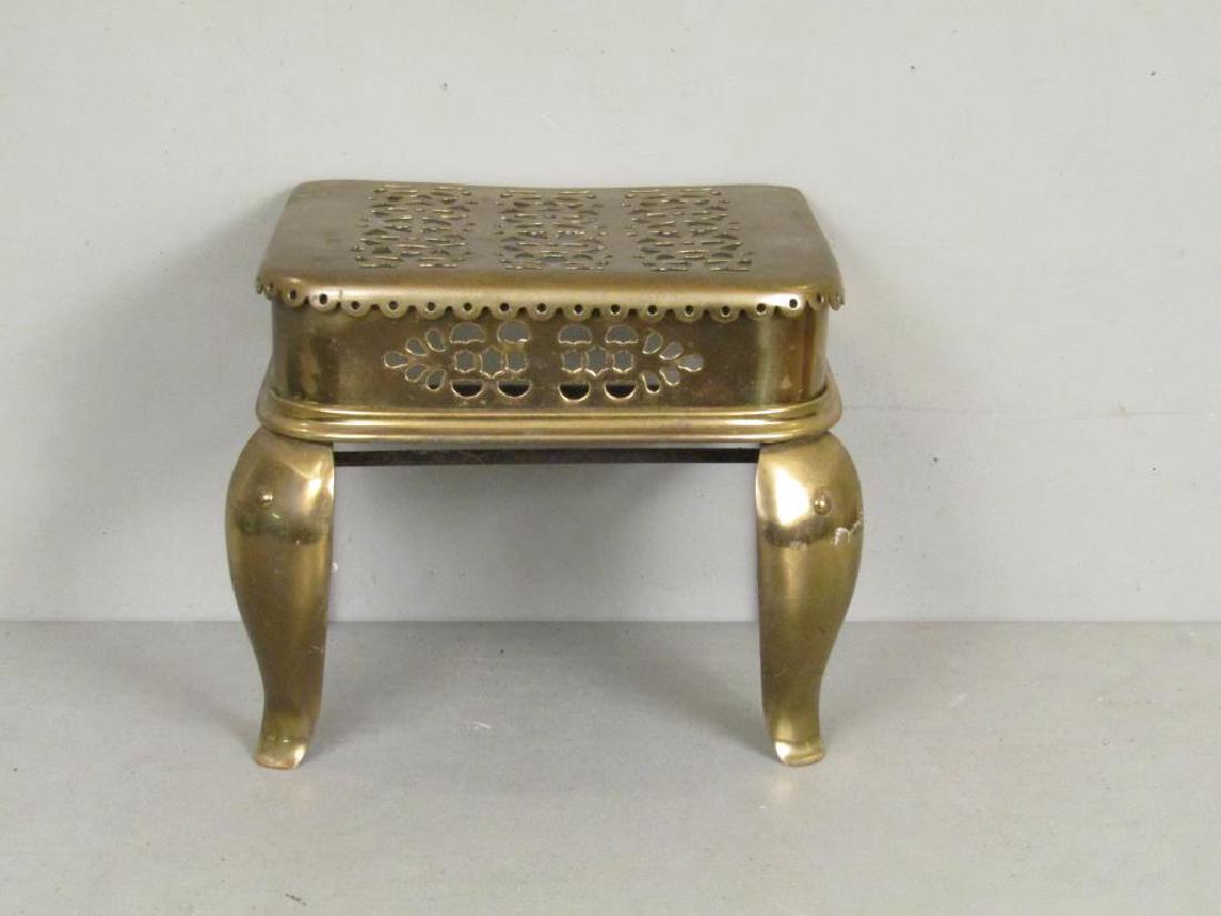 American Brass Fireplace Trivet: Pierced top and sides, on iron frame. 16"W X 12"D X 13"H