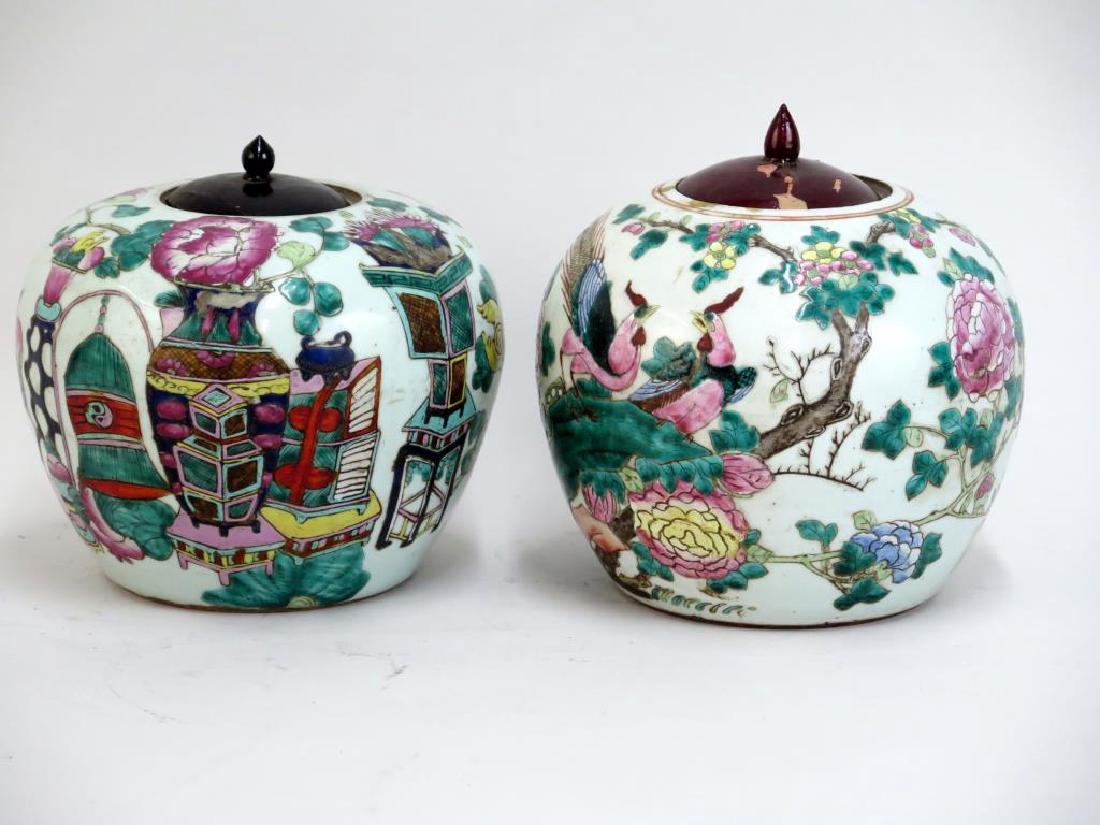 2 Chinese Famille Rose Ginger Jars: Porcelain, decorated with brightly colored enamels, wood lids. 1 as is.