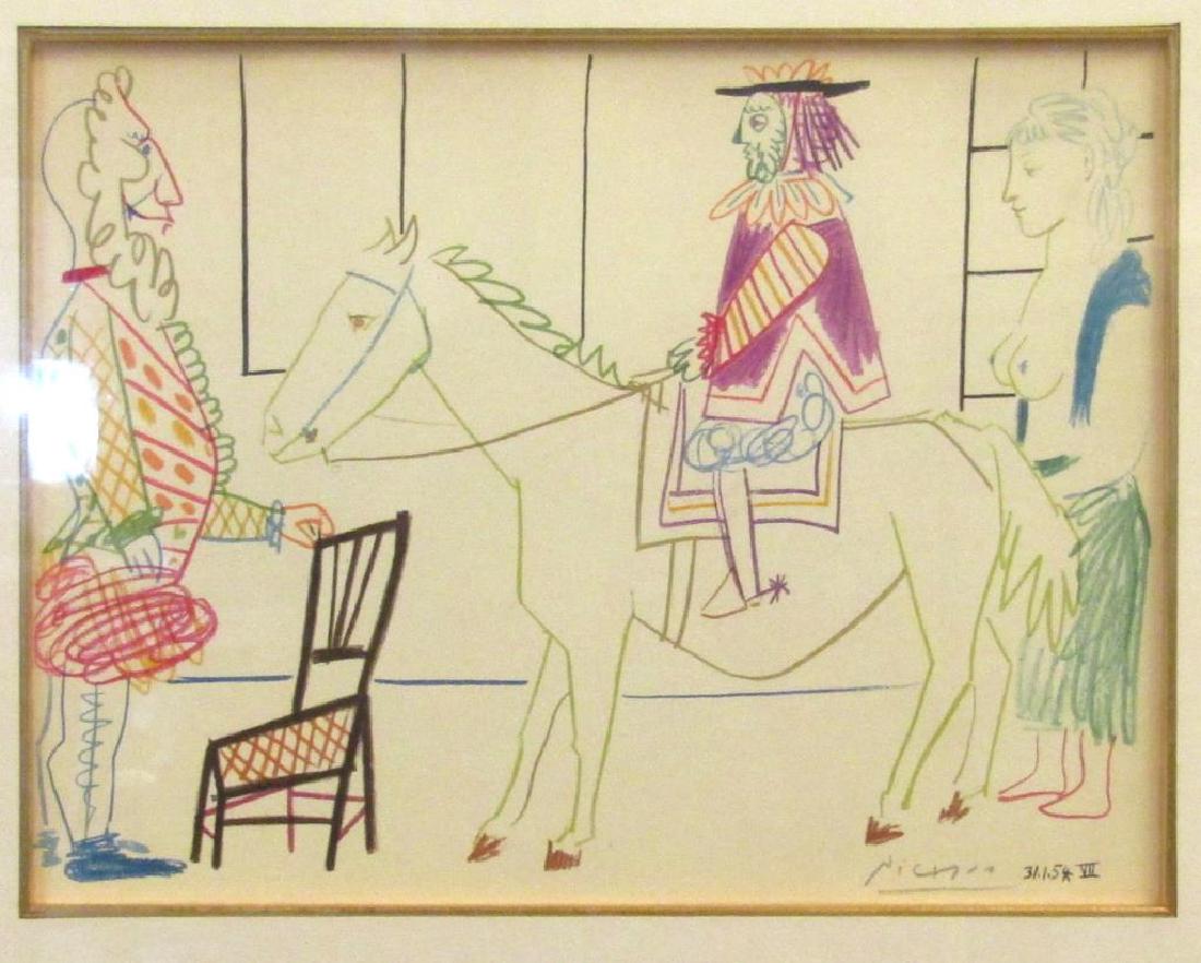 After Pablo Picasso - Lithograph: "Man on Horse from Comedie Humaine Suite," Figures with man on horse. Signed in pencil and dated in plate on lower left. 9.5" X 13" (19.5" X 22.5")
