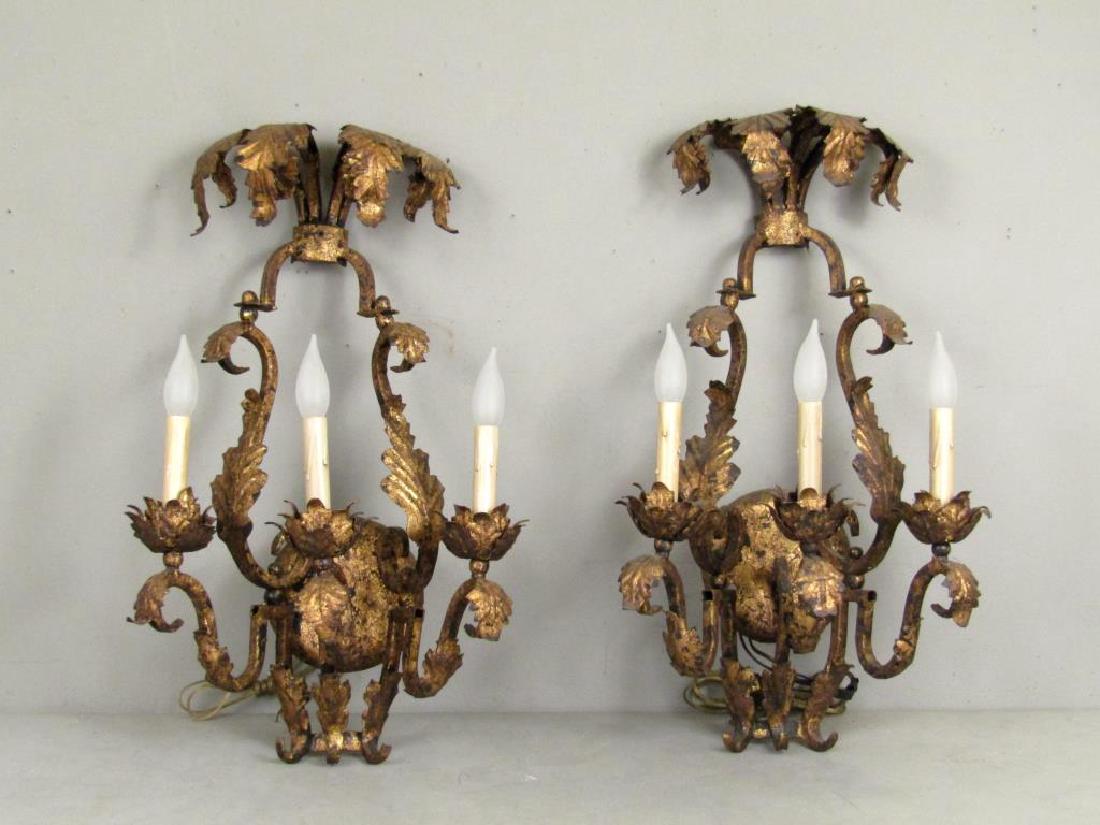 Pair French Style Gilt Tole 3 Light Sconces (1 of 5)
