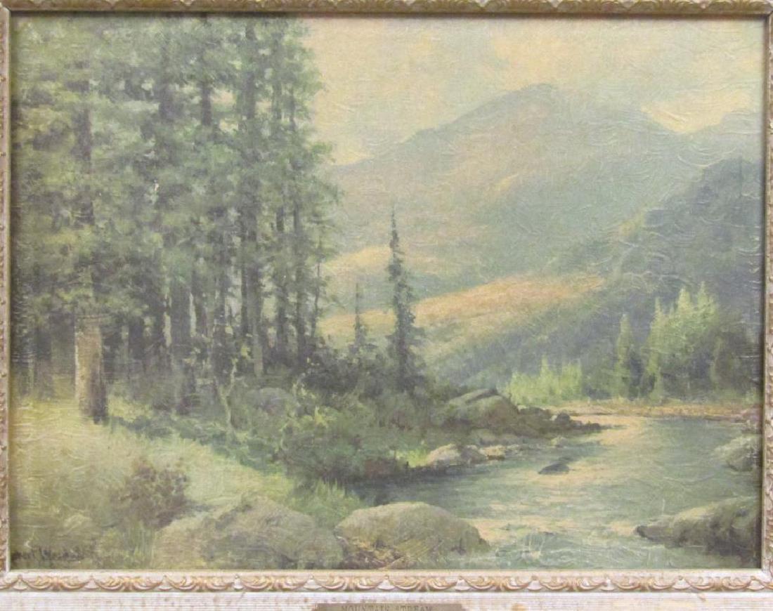 Robert Wood Giclee: Landscape with trees & mountains. 11" X 15" (16" X 20")