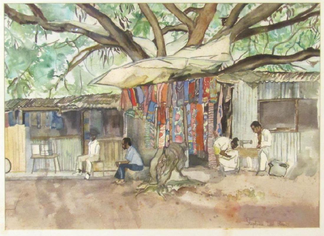 Stephanie Lee Brooks - Watercolor: "Fabric Vendor, Africa," village scene with men vending material. Signed in pencil on lower right. 15" X 21" (21.5" X 27.5")