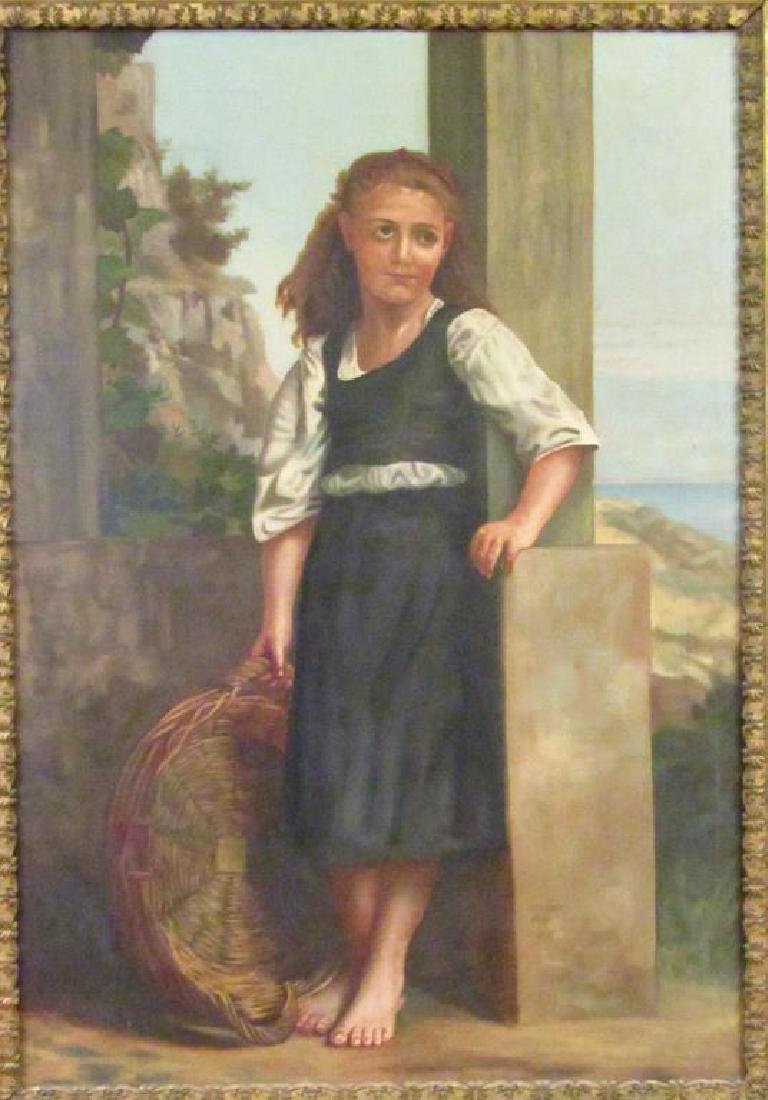 Manner of Bougereau - Oil on Canvas: Portrait of a young girl. Unsigned. Tag on verso reading Estate of S. Cora Lilly JEM. 39" X 27" (45" X 33")