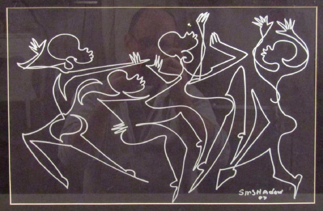 Sir Shadow - Silver Marker on Paper: Dancing figures. Drawn by a single line, marker never leaving paper. 11" X 16.5" (17.5" X 24")