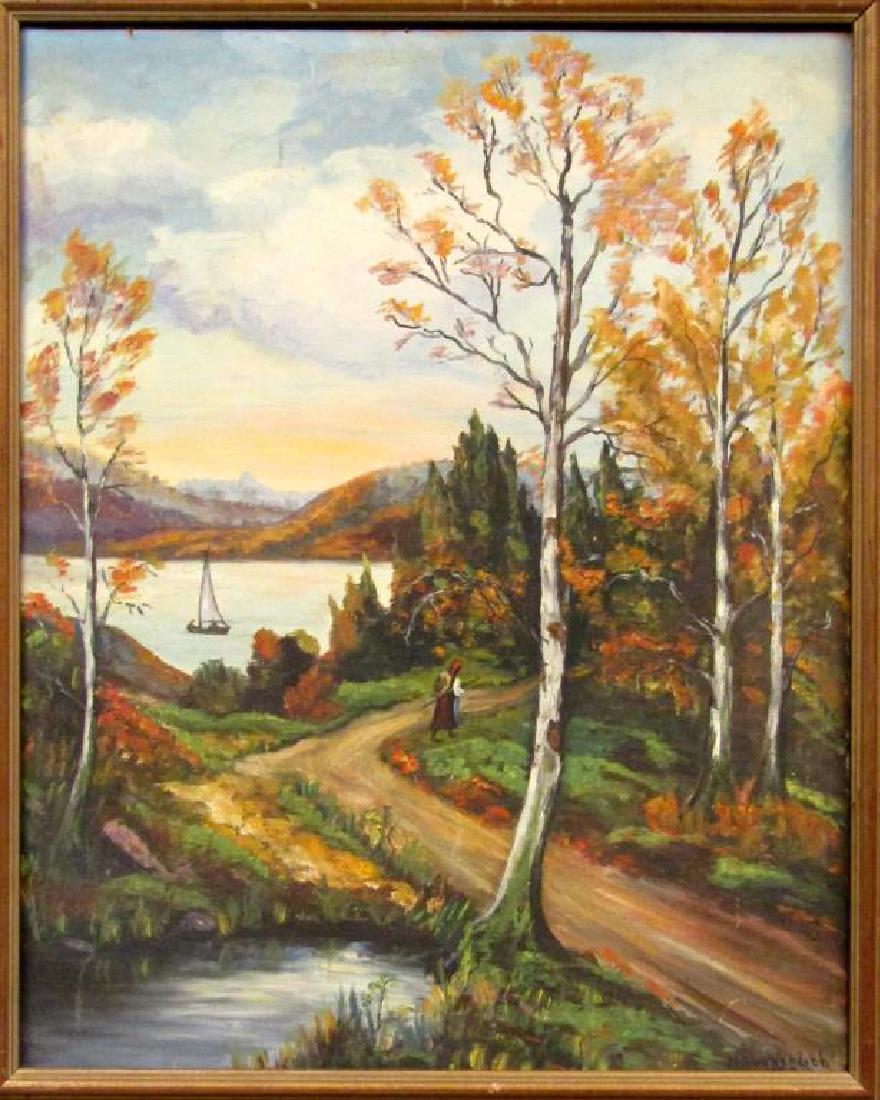 Signed M. Wunderlich - Oil on Board: Landscape with mountains and birch trees. Small figure in center. 19.5" X 15.5" (24.5" X 20.5")