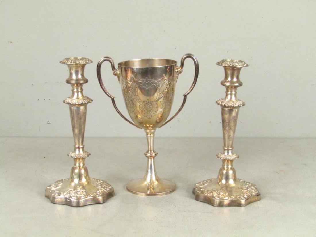 Pair Silver Plated Candlesticks and Trophy (1 of 7)