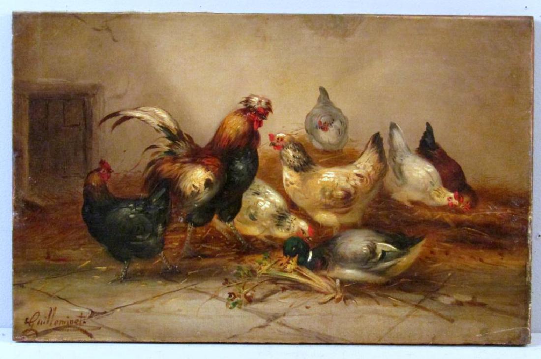 After Claude Guilleminet - Oil on Canvas: Henhouse scene with rooster, hen, and duck stealing food. Signed lower left. Mounted on board. As is. 16" X 25.5"