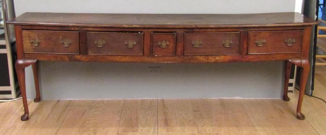 Antiqued English - Welsh Dresser / Sidebaord: 5 drawers with brass pulls. Queen Anne legs. Bowing. Restorations. 95"W X 17"D X 32"H