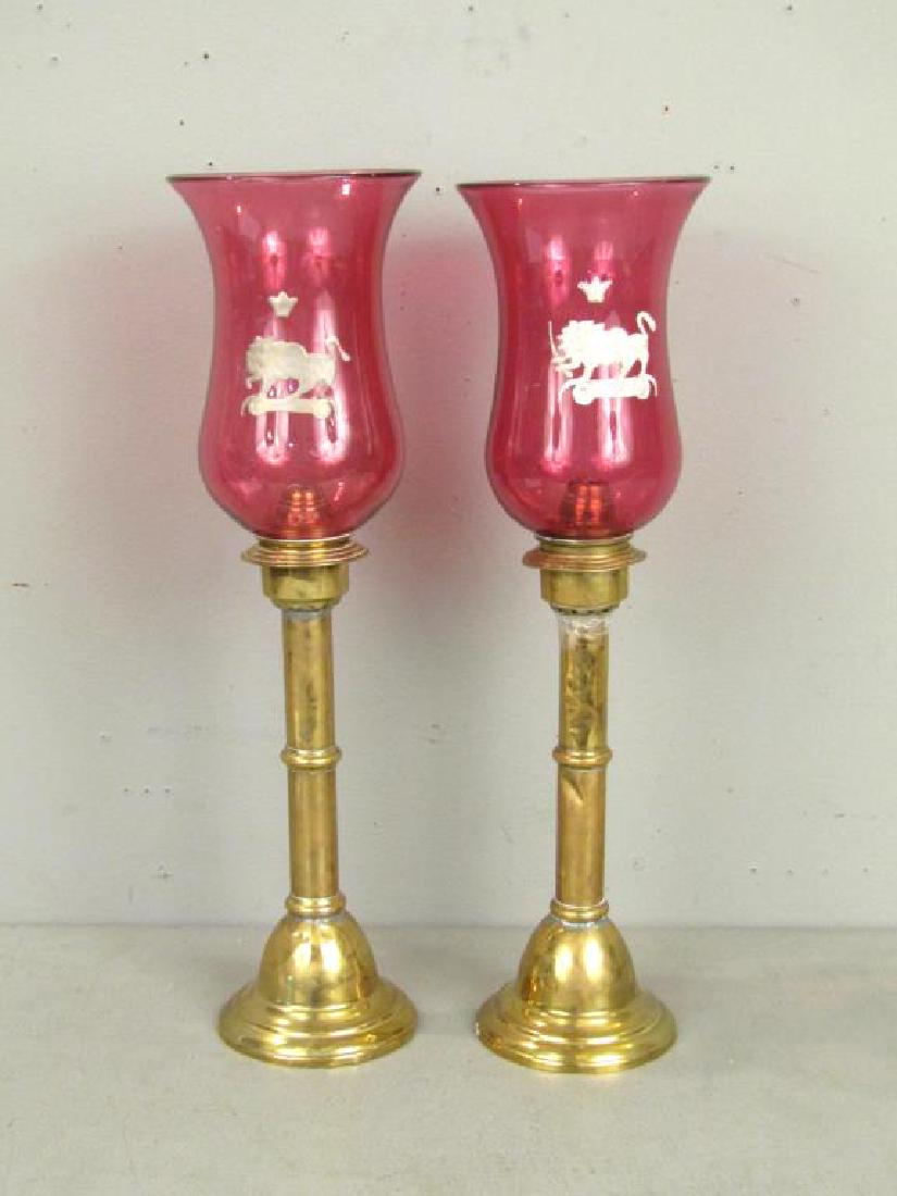 Pair Russian Antique Brass Hurricane Candlesticks (1 of 7)