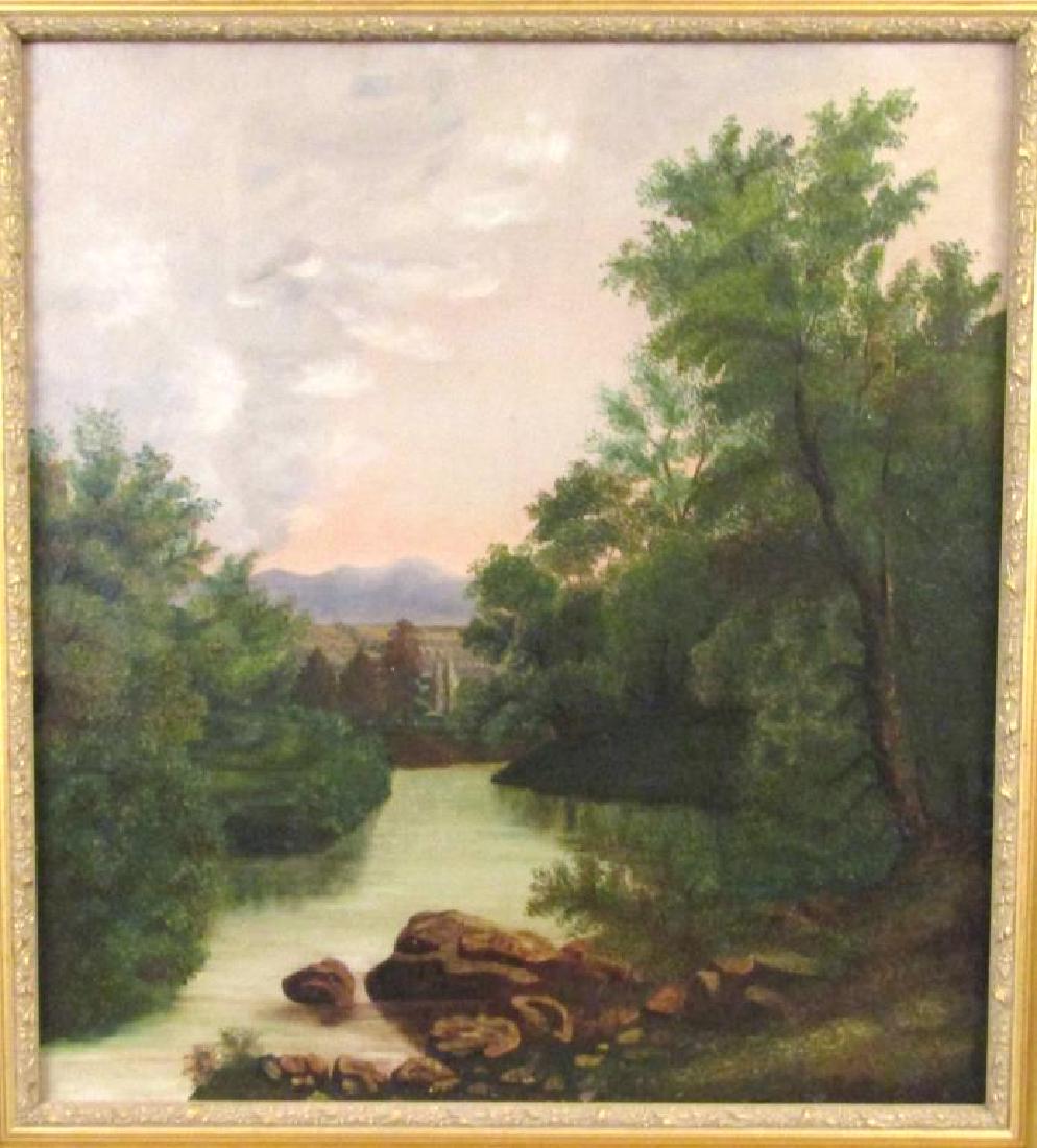 Unsigned - Oil on Canvas: River landscape. Hudson River School. Story on back, by Charles Sauvage (?). 24" X 22" (30" X 28")