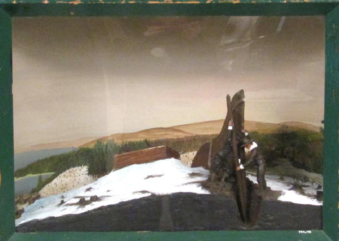 American Stockade Model: Painted background. Painted wood figures and fence. 28"W X 16"D X 21.5"H. (From the Newark Museum, NJ.)