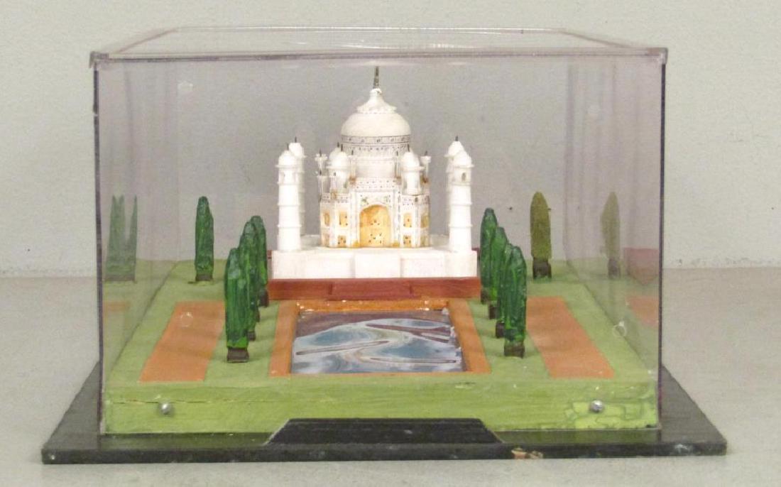Taj Mahal Model: Alabaster building, painted trees and ground. Plastic water. 10"W X 19.5"D X 6.5"H. (From the Newark Museum, NJ.)