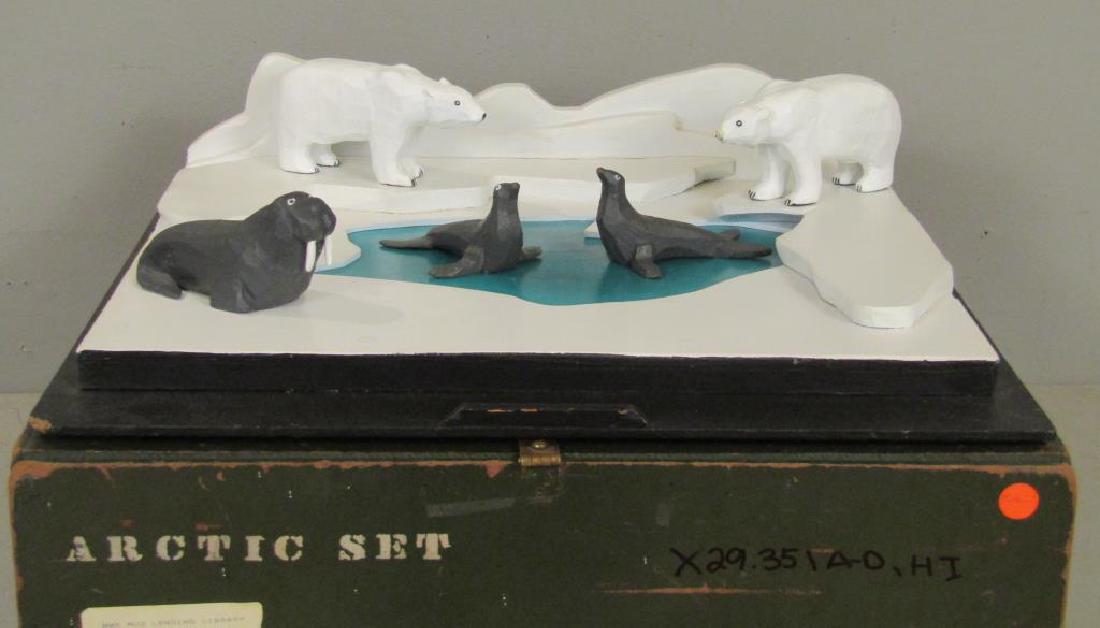 Polar Antarctic Model: Painted wood base and carved animal figures. 20.5"W X 20"D X 7.5"H. (From the Newark Museum, NJ.)