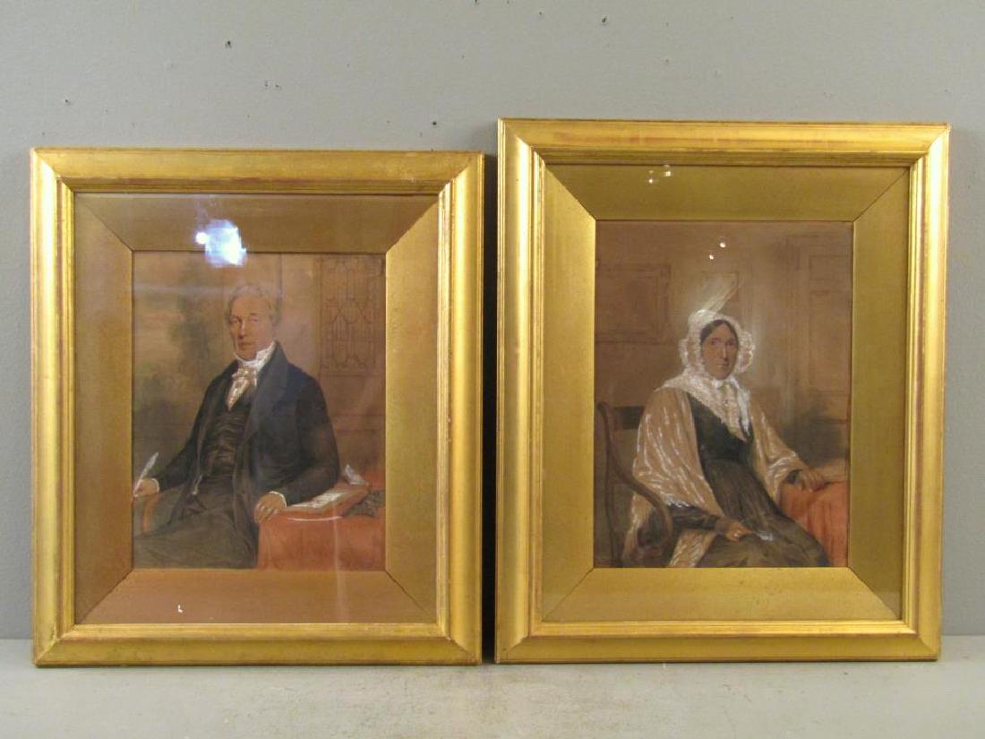 Pair Antique Watercolors: Mr. and Mrs. James McTear, M. A. Signed illegibly. Watercolors with later white oil paint. Dated 1842. Needs restoration. Posers noted on verso. 11.5" X 9" (18" X 15"). (24 Central Park South, NYC Est