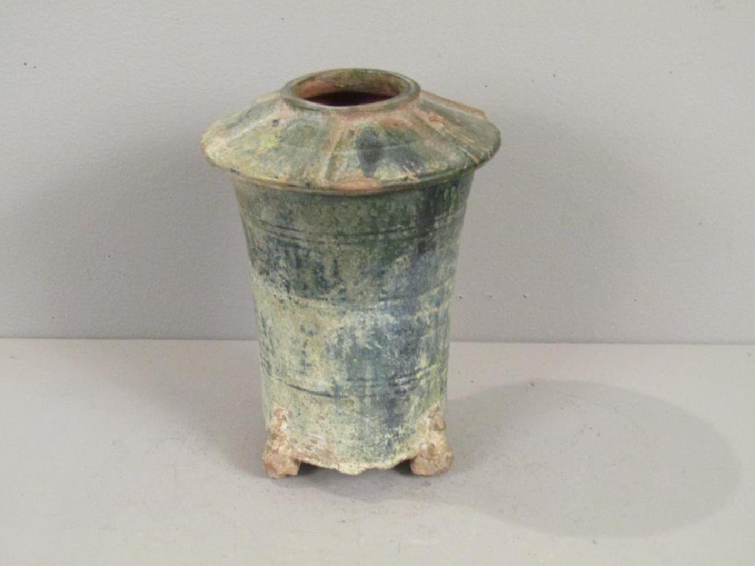 Han Dynasty Chinese Pottery Granary: Green glazed with slight iridescence, on 3 raised feet. Faux overhang cover. 7.5"Dia. X 10"H. (24 Central Park South, NYC Estate)