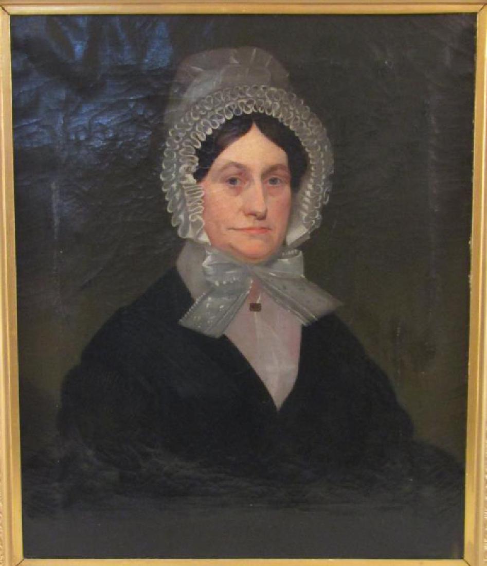 Oil on Canvas - American Portrait: Portrait of a Colonial woman in bonnet with brooch. Early 19th Century. 29" X 24" (38" X 33"). (24 Central Park South, NYC Estate)