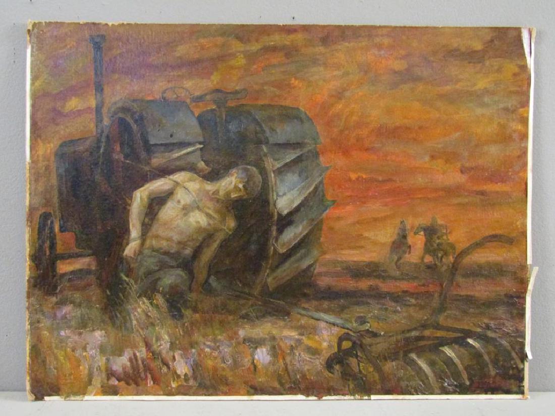 Signed Illegibly - Oil on Artist Board: Man (victim) tied to tractor. Signed lower right and on verso, 1987. As is. 17.5" X 24". Private collection of a Russian family, Catskills NY.