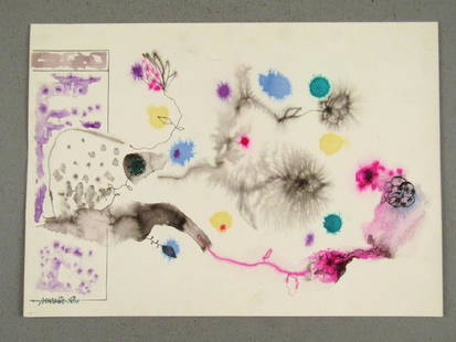 Raymond Moretti - Mixed Media: Watercolor and ink on paper. Still life as line drawing and small bursts of color. Signed and dated '59 on lower left over illegible marking. 10.5" X 14.5"