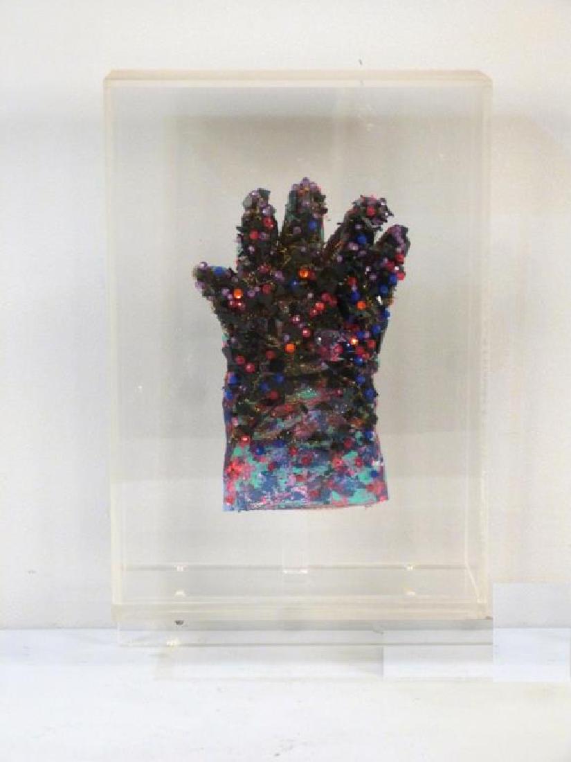 Fred Gutzeit - Mixed Media: Painted and jeweled work glove on wall mounted Lucite stand. Signed on verso, dated 1983. 19" X 11.5" X 5" (From a Lower East Side appraiser's estate)