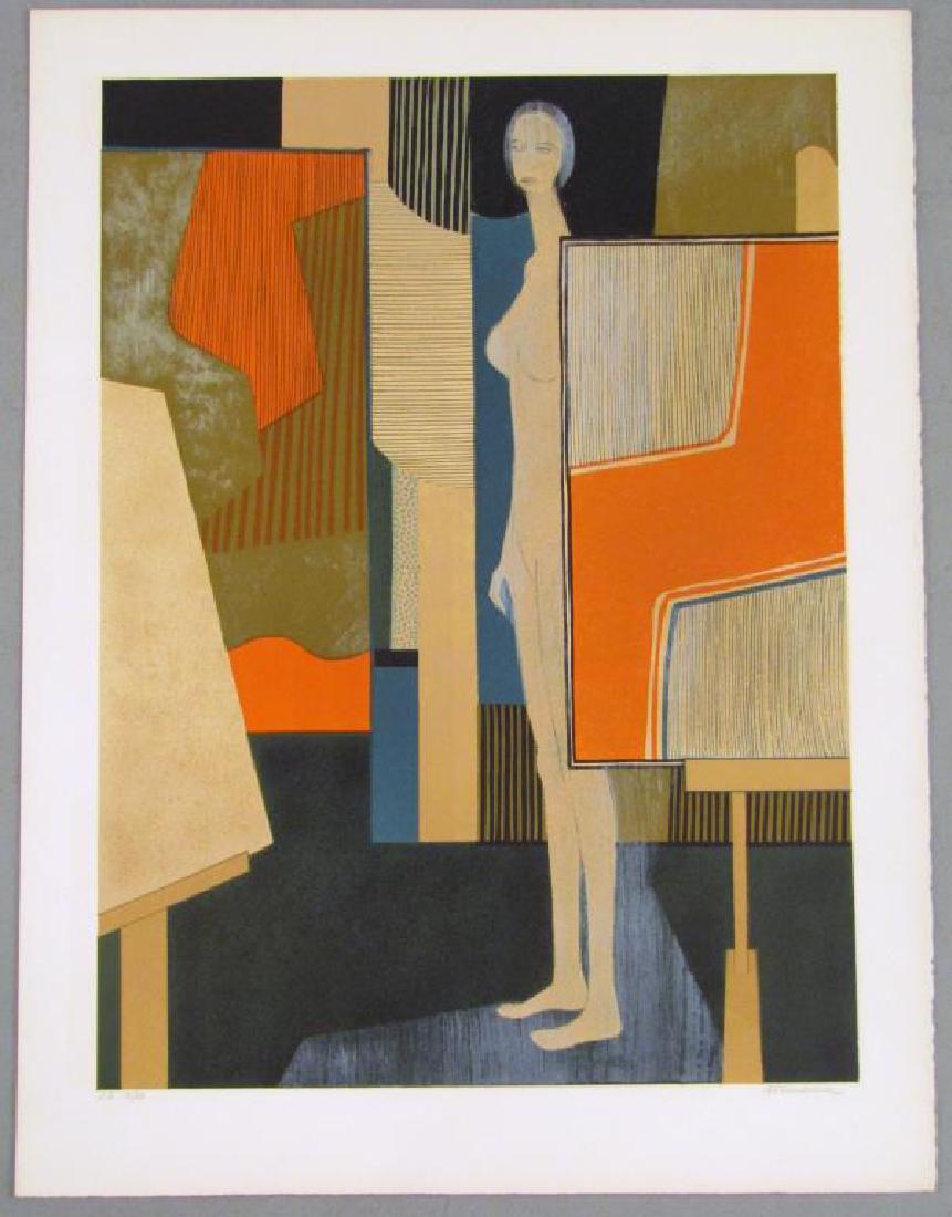 Andre Minaux - Lithograph: Nude study of a woman amongst geometrical forms. E.A. 12/40. Signed lower right. 22.5" X 16" (26" X 20")