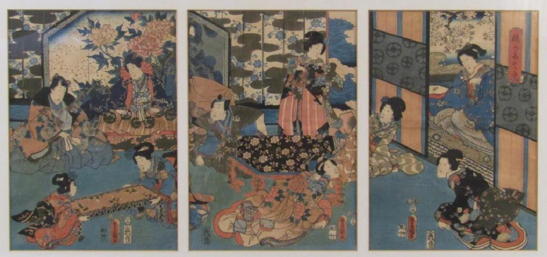 Japanese Triptych Woodblock Print: Kabuki scenes with actors seated on a horizontal print. Mat with three windows, sectioning the print.14" X 10" (19.5" X 36")