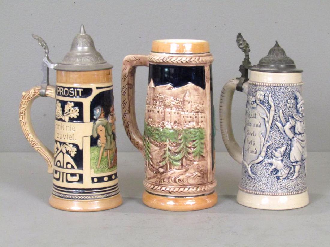 2 German Glazed Ceramic Steins and One Tankard (1 of 8)