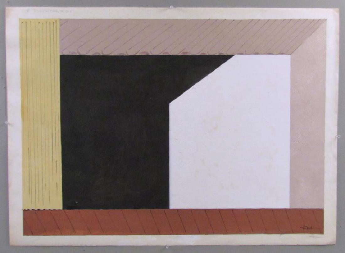 Howard Kuh (American, b. 1920) - Oil on Paper: Architectural Incident," geometric arrangements of roof shingles, wall, and white open door. Dated 5.87 and titled on upper left. Signed twice on lower right. 27.5" X 38
