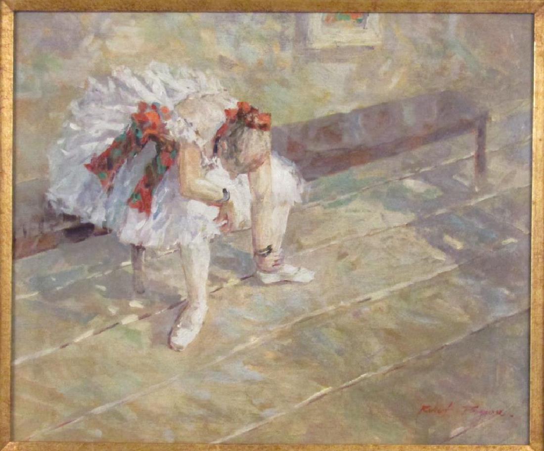 Signed Robert Brown - Oil on Canvas: Ballet Dancer adjusting shoe. Signed lower right. 19" X 23" (27" X 31")