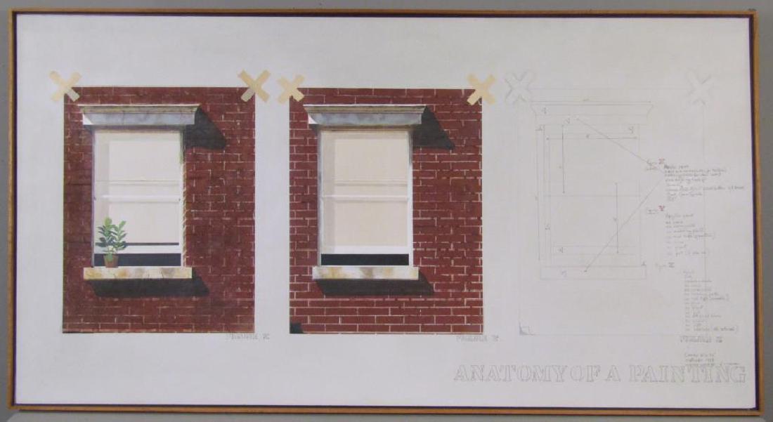 Ed Baynard (American, 1940-2016) - Mixed Media: Oil, pastels, and ink on canvas. "Anatomy of a Painting," three renderings of a window in a brick building. First panel painted canvas purposely lifting at corner. Second panel with painted version of