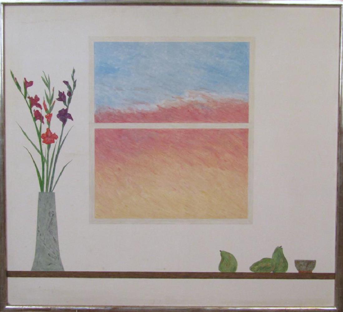 Ed Baynard (American, 1940-2016) - Oil on Canvas: Some Day" (For Dr. Delores Greco). Still life of flowers in vase and small fruits beside a window. Signed and dated 1979 on lower left. Ex. Alexander F. Milliken, Inc. New York. 60" X 65.5