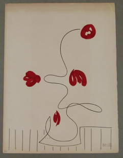 Raymond Moretti - Lithograph: Still life as a line drawing with red flowers. Some fading. Numbered 23/50 on lower left. Signed lower right. 26" X 19.5"
