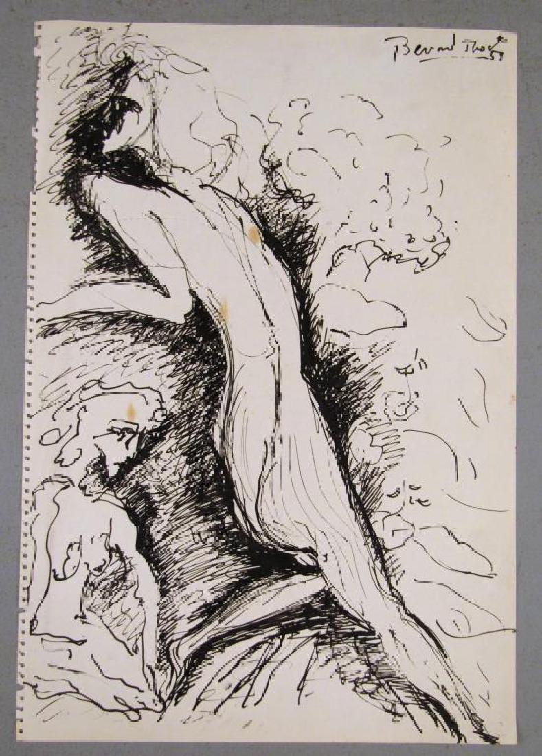 Signed Illegibly (Bernard Trost) - Ink on Paper: Abstract nude studies. Stylized torso in center. Outline of a woman on lower left. Signed and dated '59 on upper right. Foxing and stains as shown. 21" X 14.5"