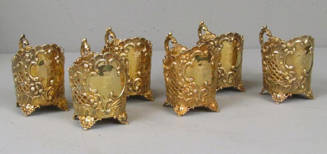 Set of 6 Gilt Silver Liners: Openwork form with monogrammed rococo leaf medallion. Mark near handle. 4"W X 2.5"D X 3.5"H