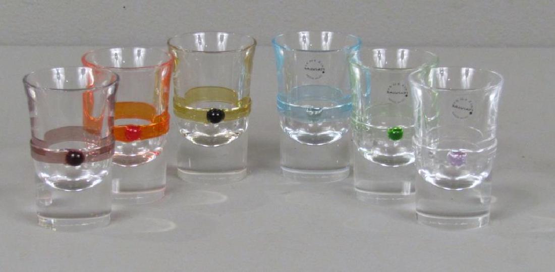 Set of 6 Salviati Shot Glasses: Clear and colored glass. Signed on bottoms. 3"H