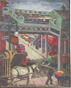 John Opper (American, 1908 - 1994) - Oil on Canvas: "Ninth Avenue El" New York City street scene of the old elevated subway with figures and a horse drawn carriage (possibly what is presently the "High Line"). Signed lower right and on verso. Title on