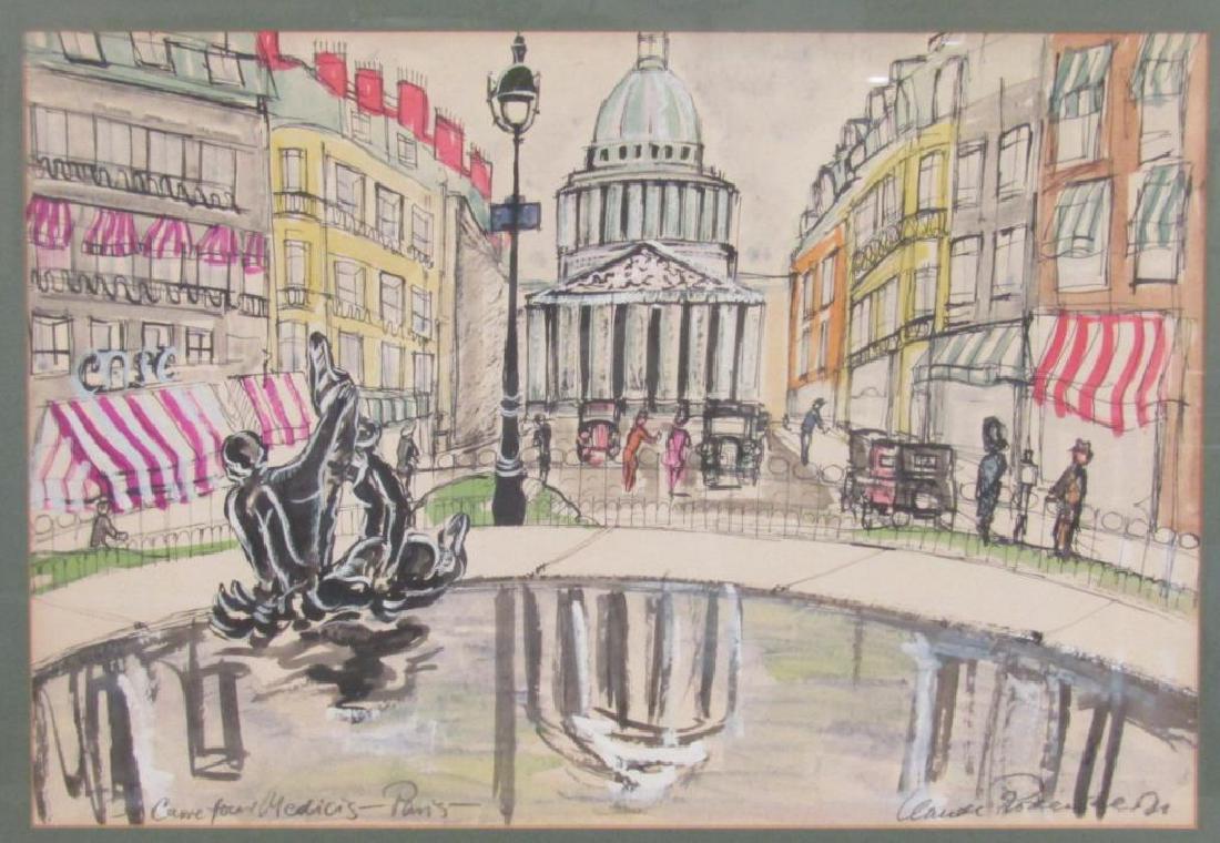 Signed Claude Rodewald: Mixed media. "Came Four Medicis - Paris-" Paris Scene. Signed. 15" X 21.5" (19.5" X 26.5")