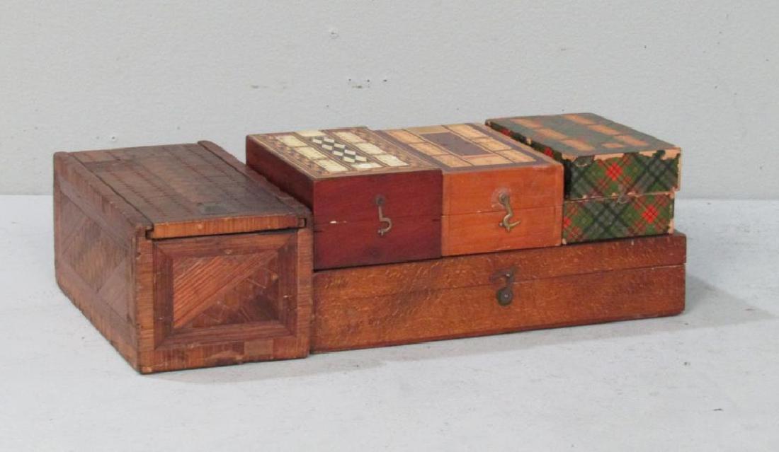 5 Vintage Cribbage Boards: Parquetry case with playing cards, one with bone inlay, long case with poker chips. Plaid box as is. 4"W X 8"D X 3.5"H. (From a West 66th Street Estate)