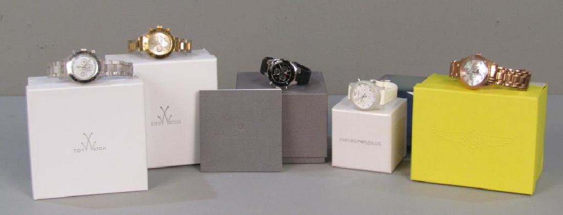 5 Designer Men's Watches: 2 Toy, Michele, Emporio Armani, and Invicta. With gift boxes.