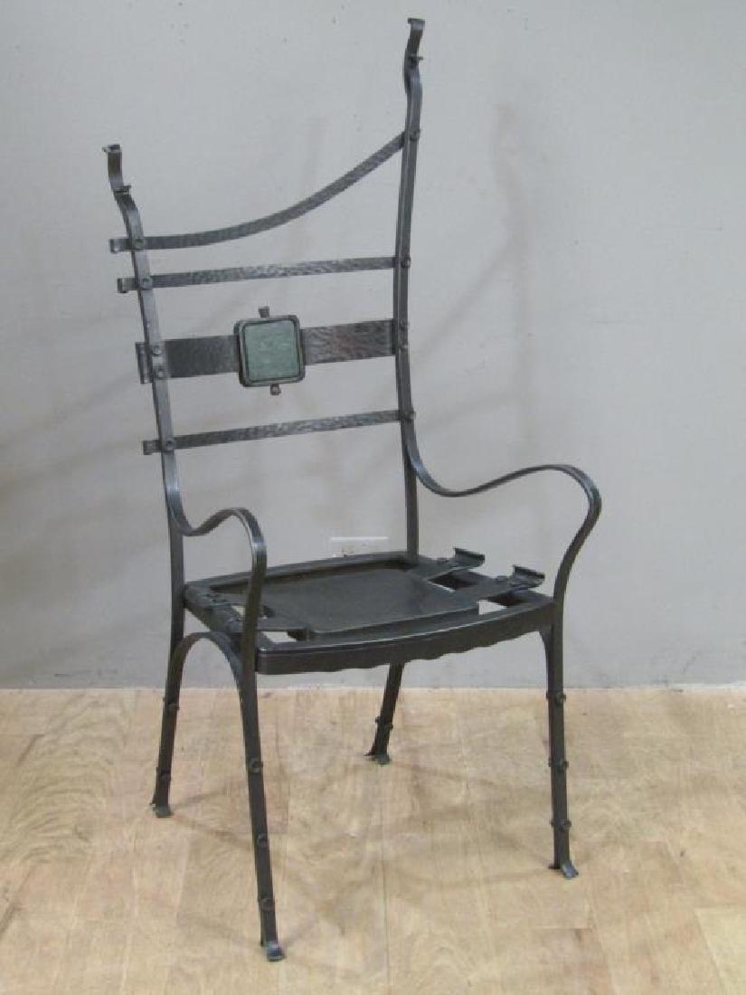 Nick Hanchas Sculptural Iron Chair: Wrought iron frame with inset spinning marble square in back. Sculptural seat. 22.5"W X 25"D X 50.5"H (From a West 66th Street Estate)