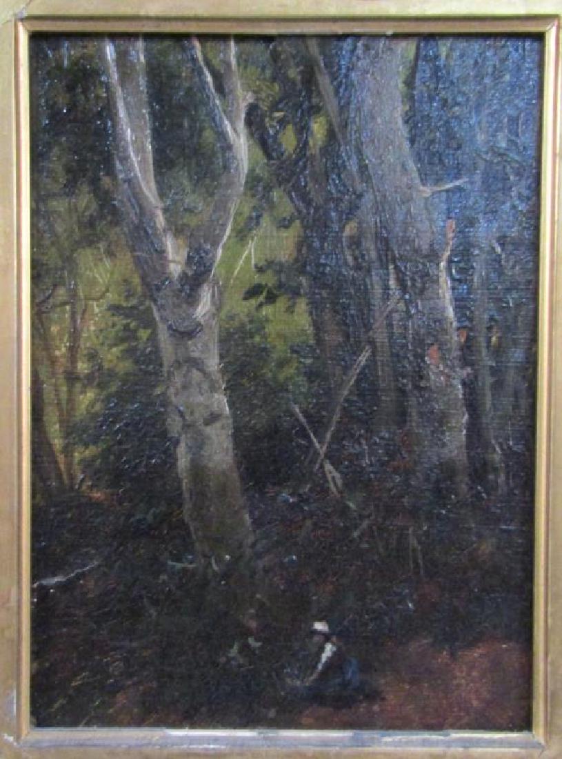 Attr: Narcisse Diaz de la Pena (French, 1807-1876): "The Faggot Gatherer" Figure in woods. 8.5" X 6" (20" X 17"). Prov. Doyle Galleries, 2/8/1984 - Lot 62. (From a Hauppauge Long Island Estate)