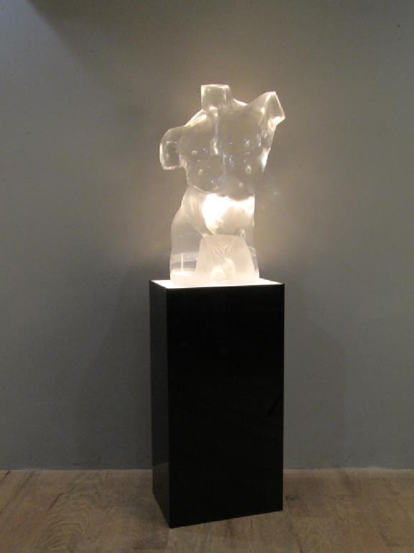 Gabriele De Stefano - Lucite Sculpture: Nude male torso. Partially frosted over privates. On illuminated pedestal. Signed, numbered 22/50. Copyright 1985. 20"W X 13"D X 60"H. Pedestal: 18"W X 12"D X 35"H. (Estate of Jeff Hunter)