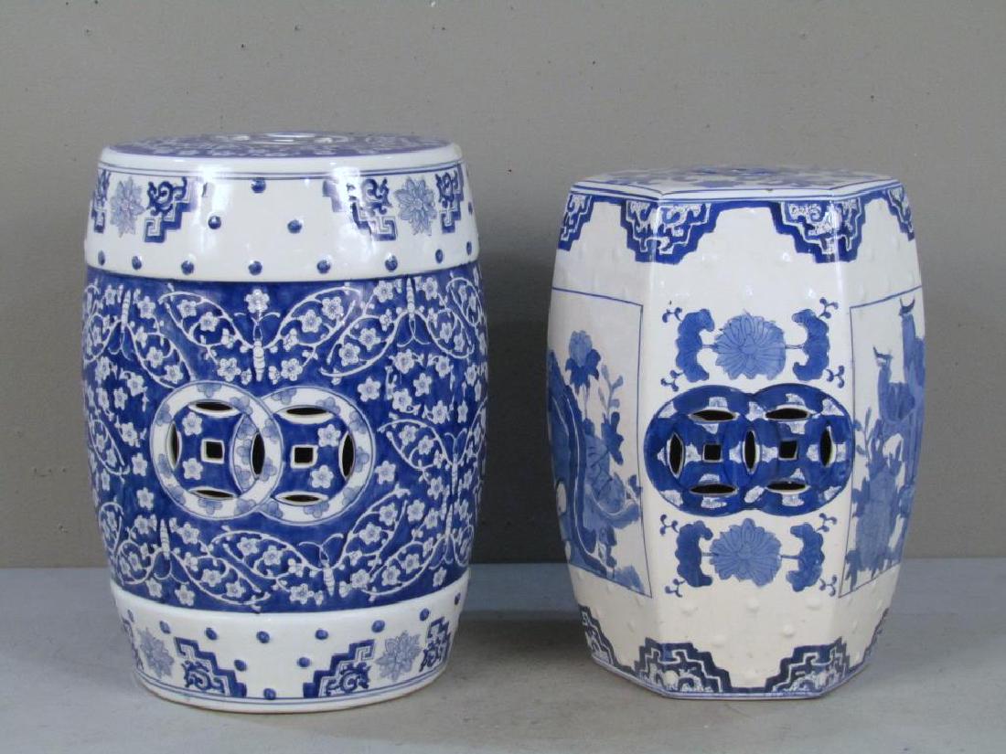 Two Chinese Blue and White Porcelain Garden Seats: One with floral designs, other with animal figures. Tape marks. Taller: 11"Dia. X 16"H