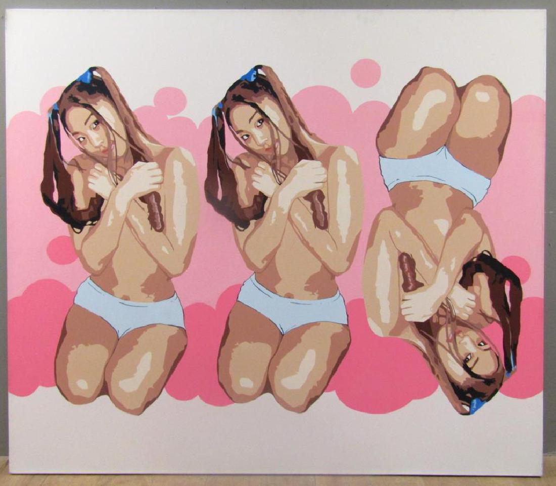 Dean Monogenis (American) - Acrylic on Canvas: 3 semi nude ladies, one upside down. Signed and dated 2001 on verso. 52" X 60"