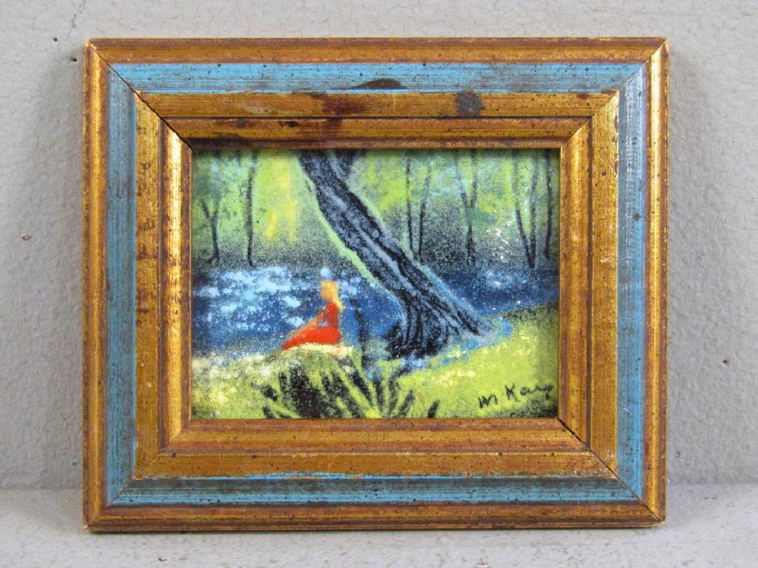 Max Karp (American, 20th Century) - Enameled Metal: Miniature scene with girl sitting by stream. Signed lower right. 2.5" X 4" (5" X 6")
