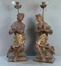 Pair Antique Figural Carved Lamps