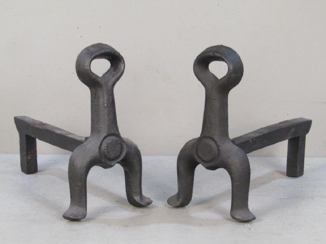 Pair Mid Century Cast Iron Andirons: Loop handle tops. 19"long X 9"D X 14.5"H